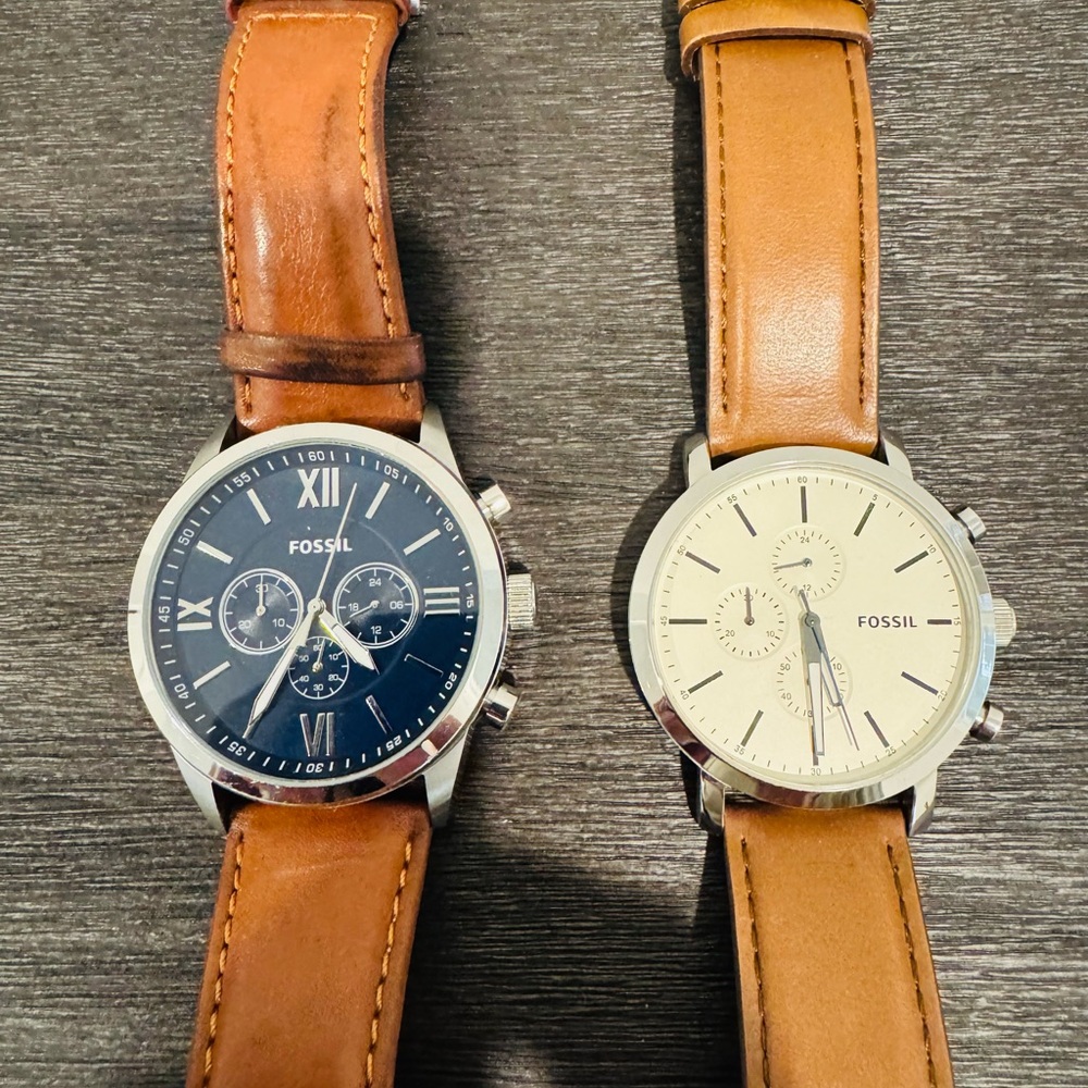 2 Fossil Watches. 1 Blue and 1 Cream Dial Watches with Brown Leather Straps